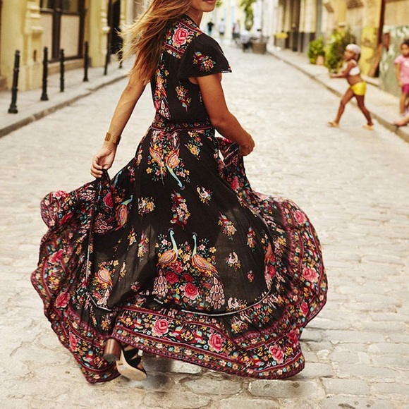 Boho Floral Deep V Neck Dress - Picture 2 of 6